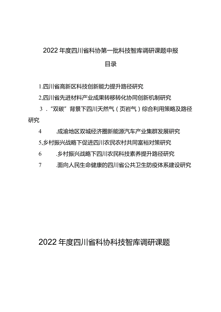 2022年度四川省科协第一批科技智库调研课题申报目录.docx_第1页