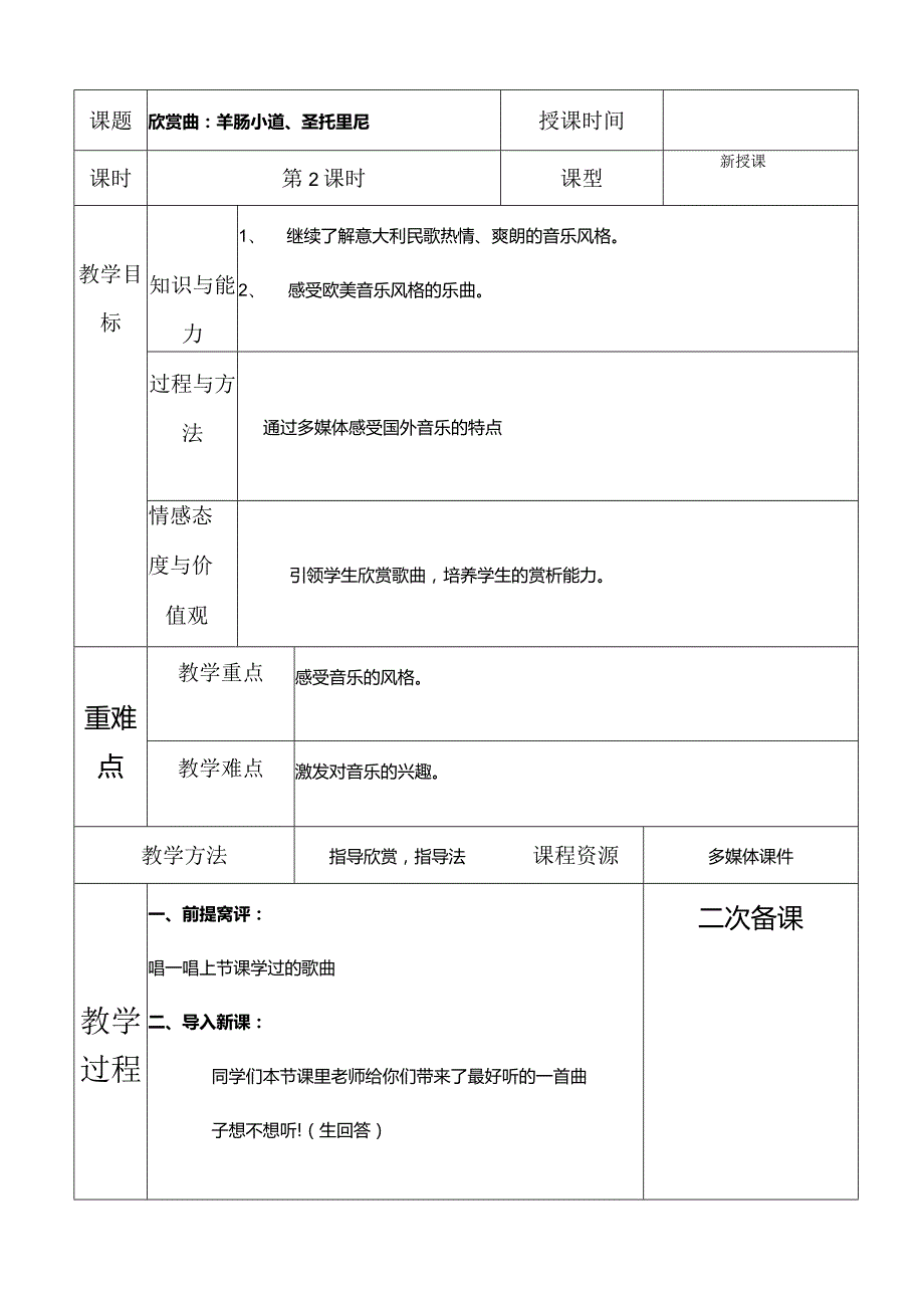 人教版六年级下册音乐欣赏曲：羊肠小道、圣托里尼教案.docx_第1页