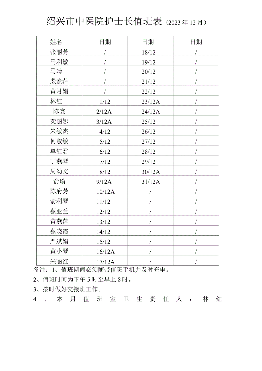 绍兴市中医院护士长值班023年12月日期备注值班期间必须随带值班手机并及时充电.docx_第1页