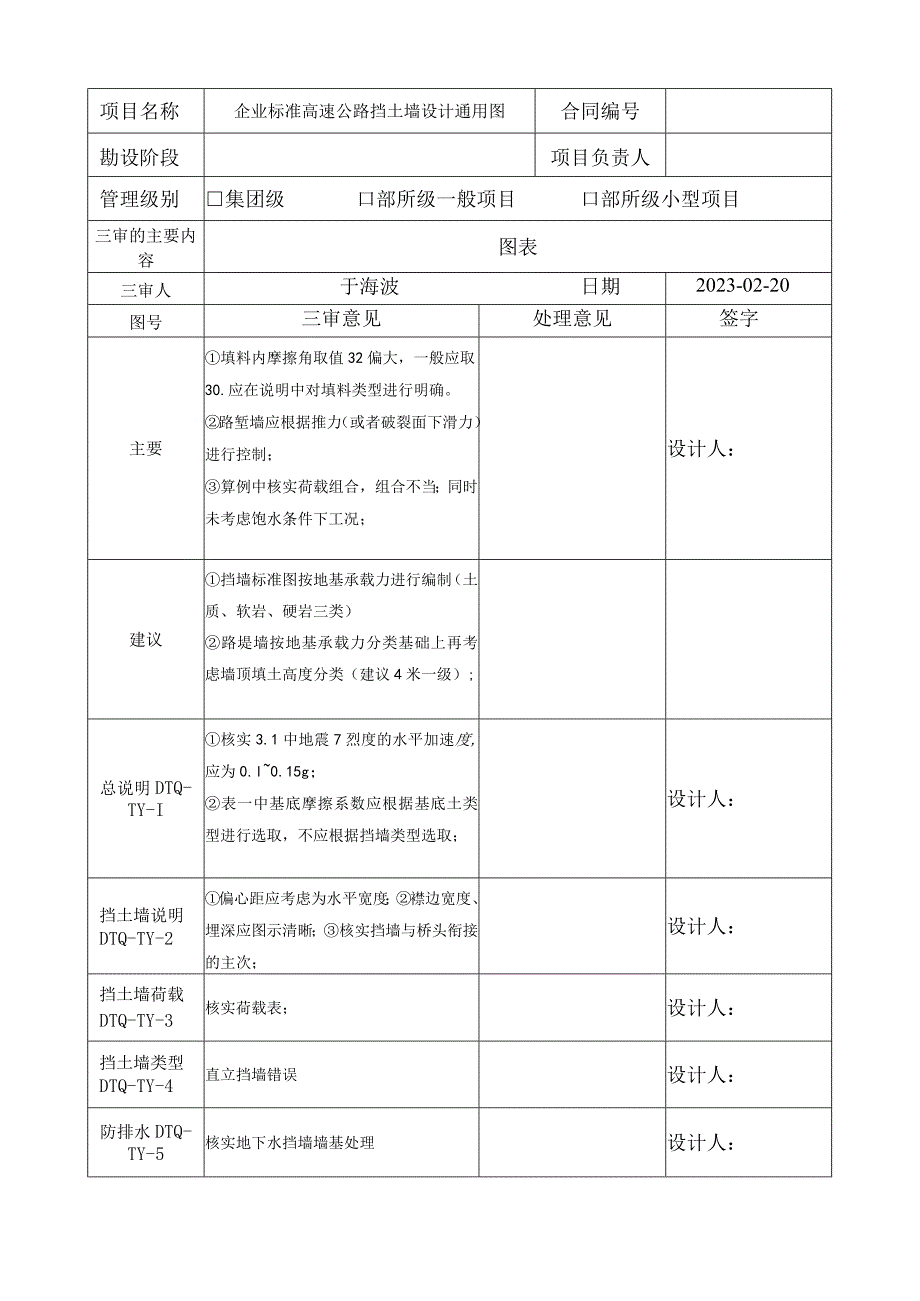 于海波2023-02-21二院高速公路挡土墙设计通用图《勘察设计成品三审记录表》.docx_第1页