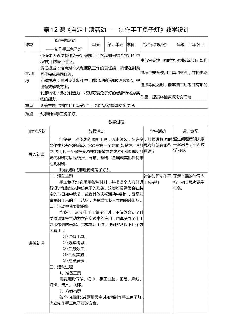 浙科学技术版二年级上册第12课《自定主题活动——制作手工兔子灯》教案.docx_第1页