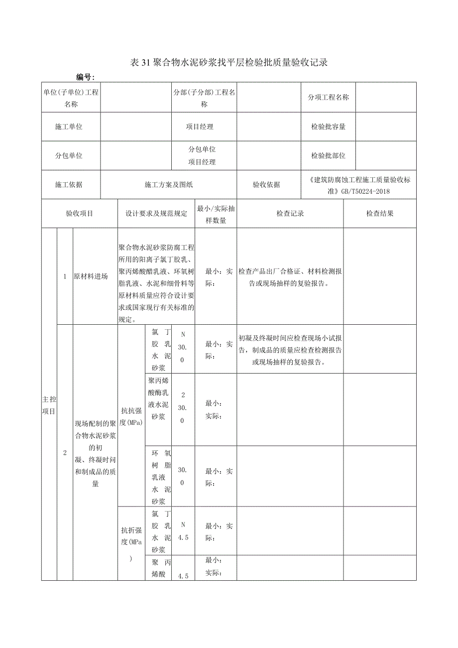 表31聚合物水泥砂浆找平层检验批质量验收记录.docx_第1页