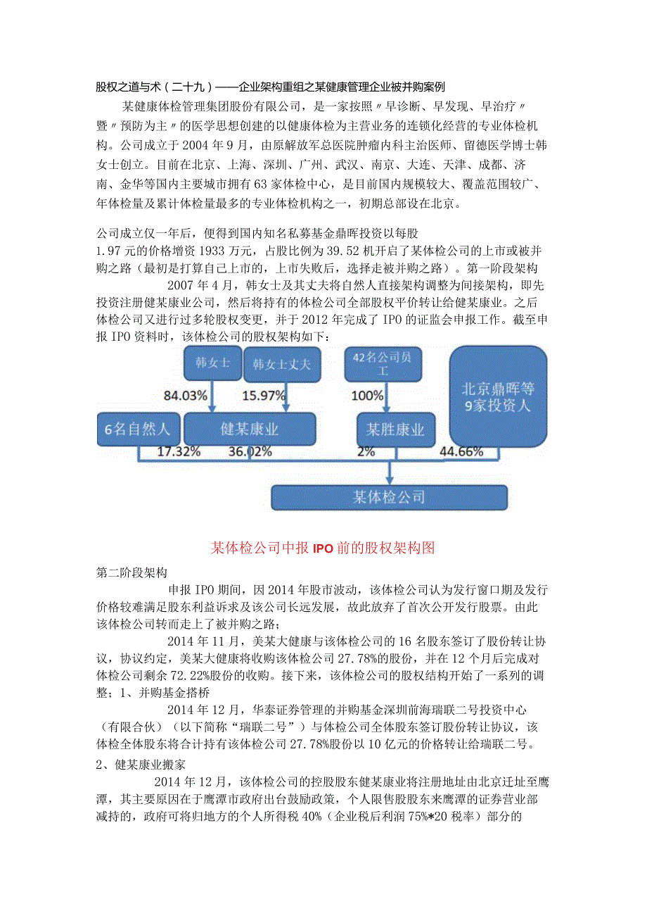 股权之道与术（二十九）-——企业架构重组之某健康管理企业被并购案例.docx_第1页