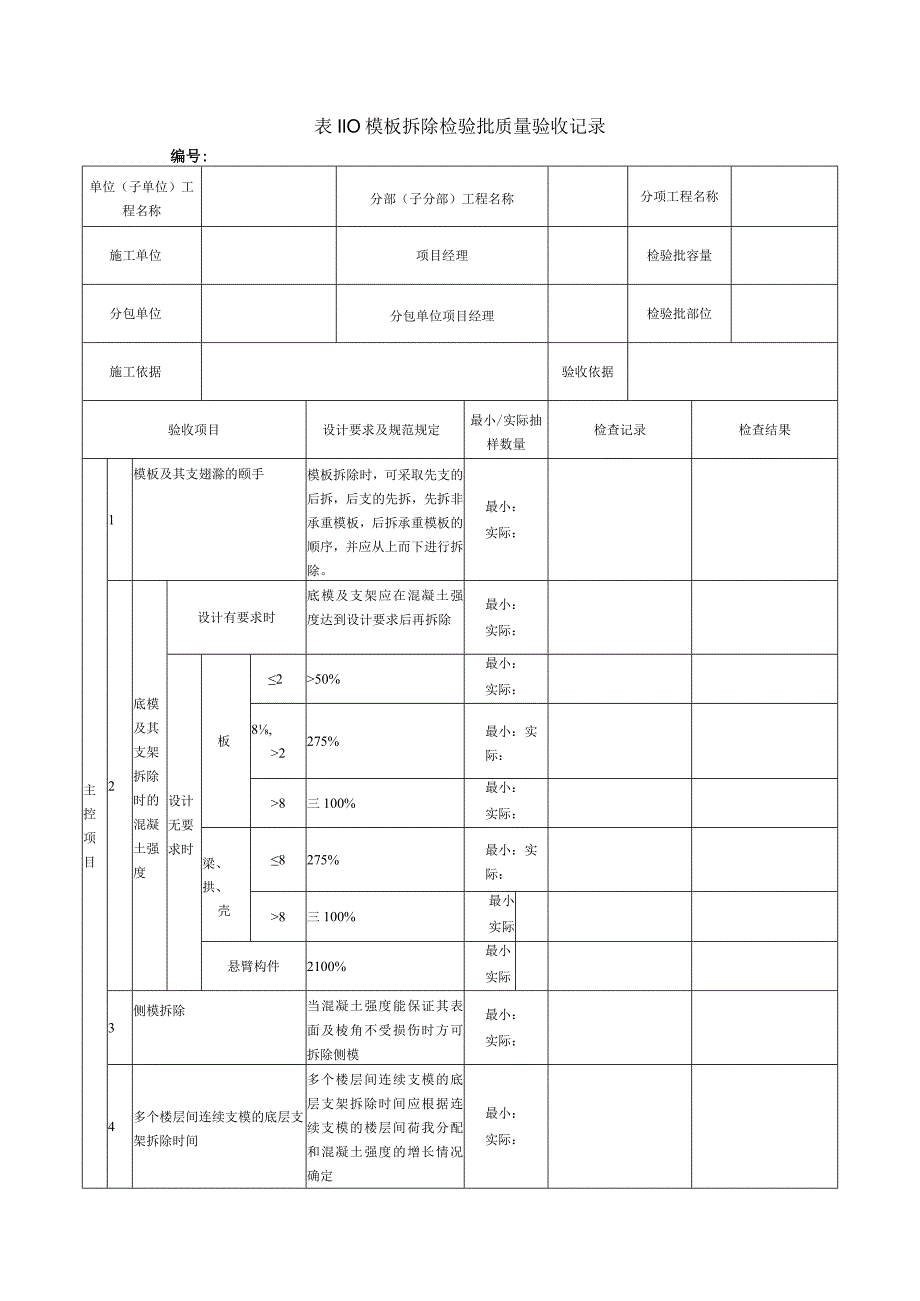 表110模板拆除检验批质量验收记录.docx_第1页