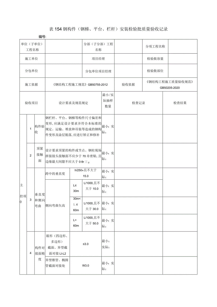 表154钢构件（钢梯、平台、栏杆）安装检验批质量验收记录.docx_第1页