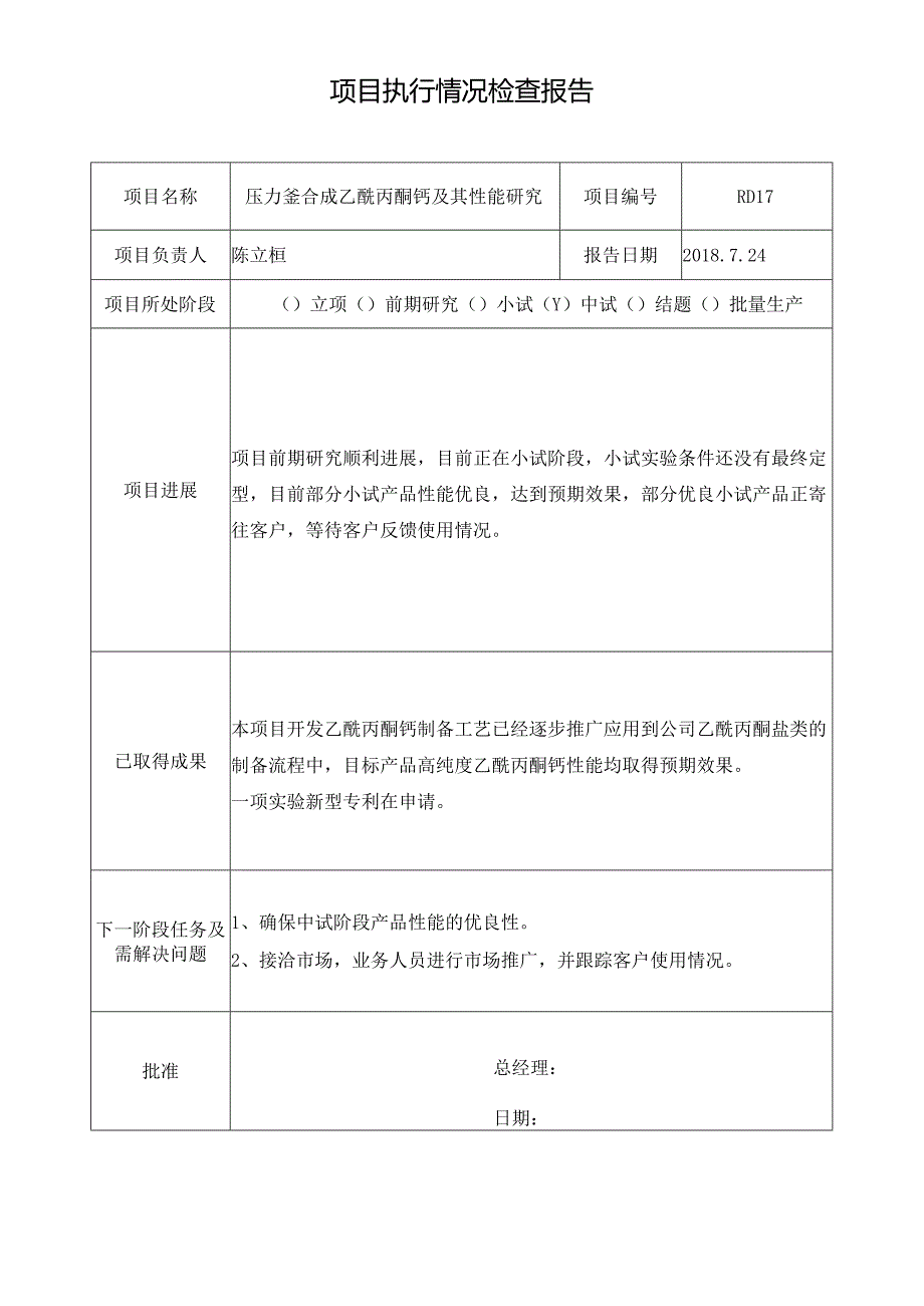 项目执行情况检查报告(乙酰丙酮钙).docx_第1页