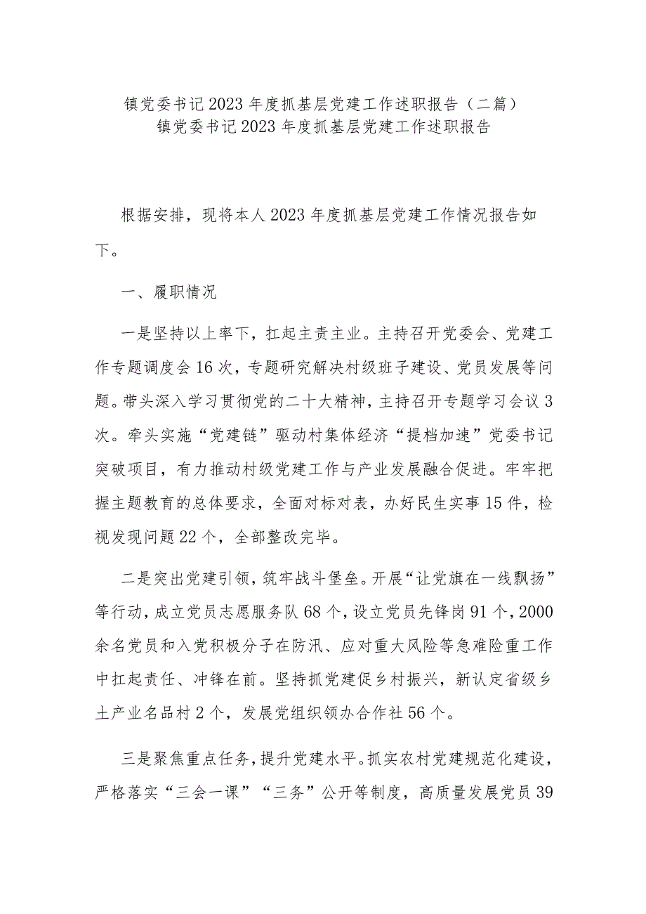 镇党委书记2023年度抓基层党建工作述职报告(二篇).docx_第1页