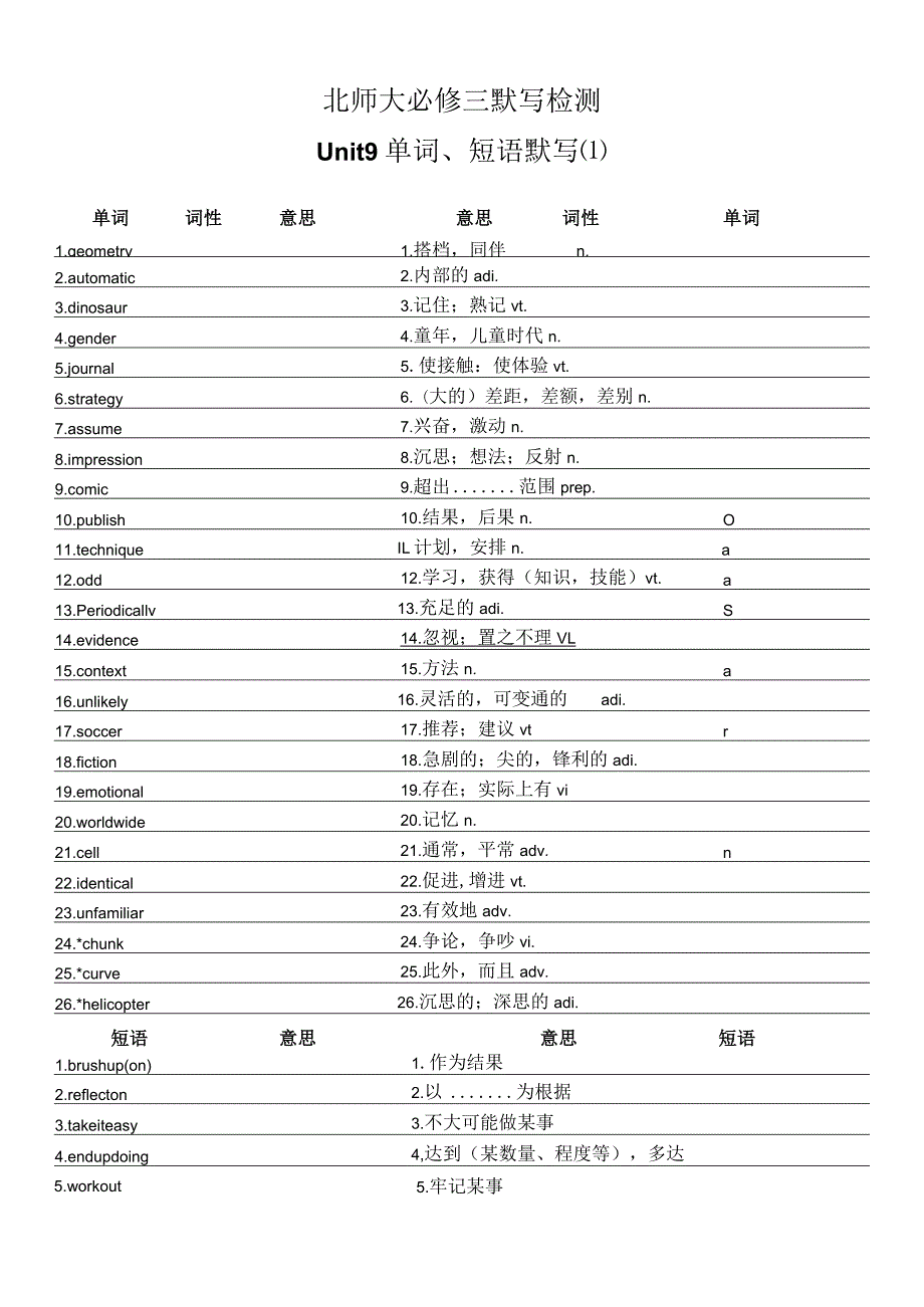 2023-2024学年北师大版（2019）必修第三册Unit9LearningLesson1ActiveLearning单词、短语和句型默写检测作业.docx_第1页