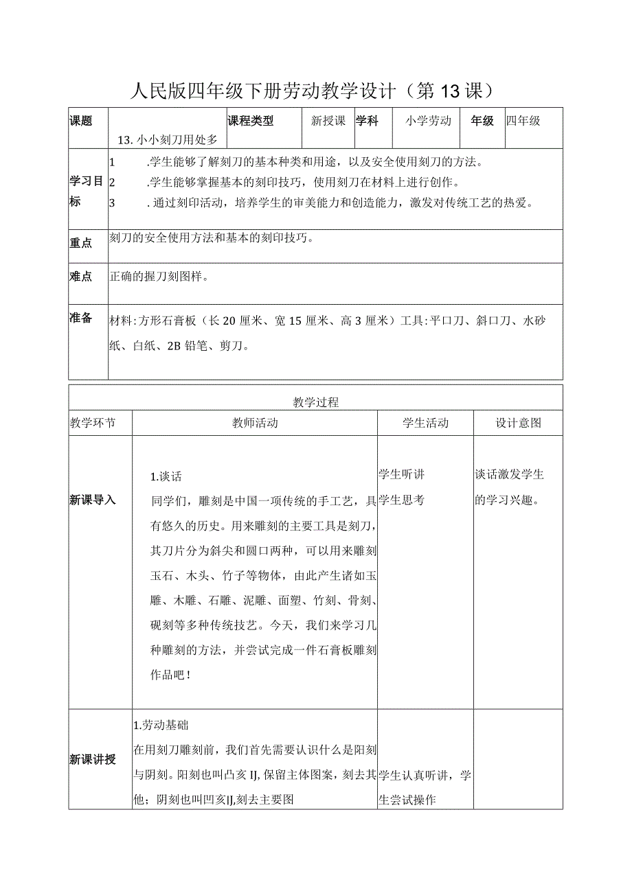 13-小小刻刀用处多四年级劳动下册（人民版）.docx_第1页