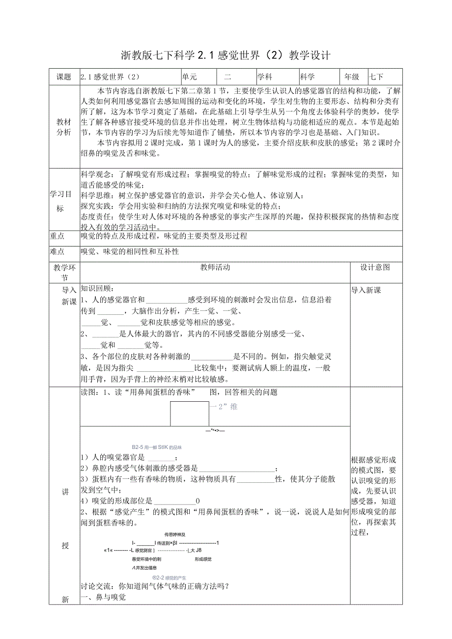 2024浙教版七下科学2.1感觉世界（2）教学设计（表格式）.docx_第1页