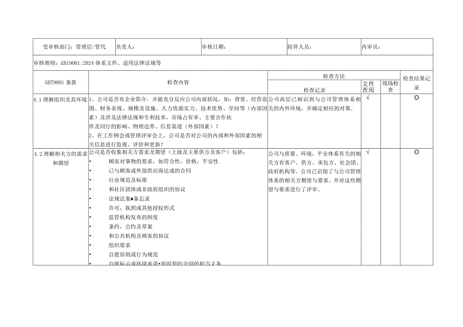 2024版质量管理体系内审检查表.docx_第1页