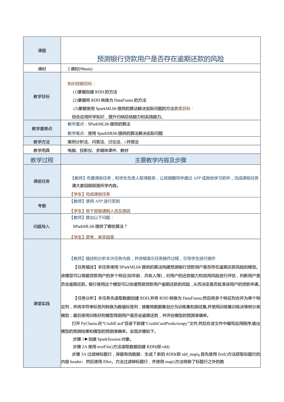 《Spark大数据技术与应用案例教程》教案第24课预测银行贷款用户是否存在.docx_第1页