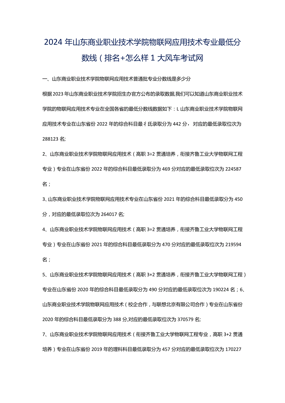 2024年山东商业职业技术学院物联网应用技术专业最低分数线(排名怎么样)_大风车考试网.docx_第1页