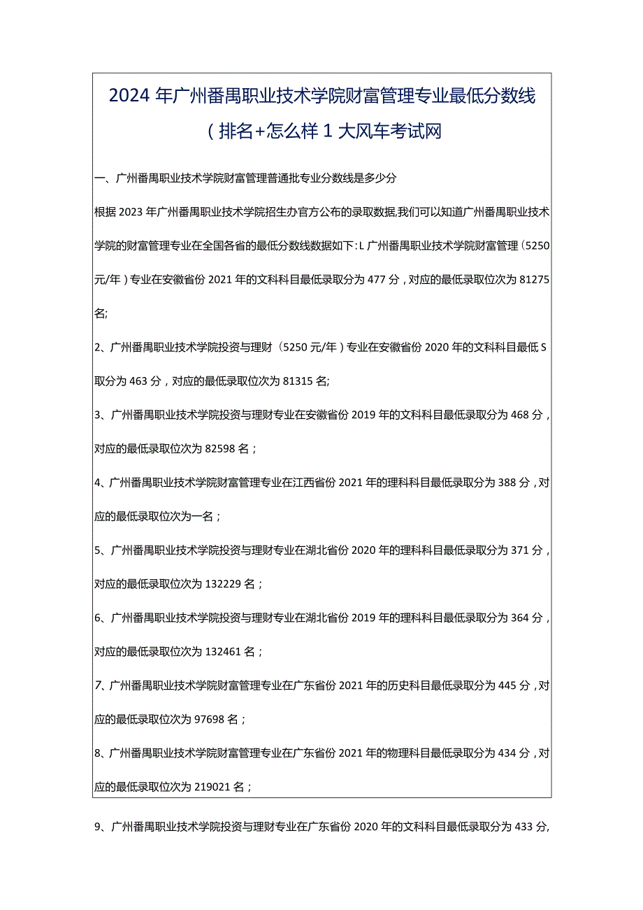 2024年广州番禺职业技术学院财富管理专业最低分数线(排名怎么样)_大风车考试网.docx_第1页