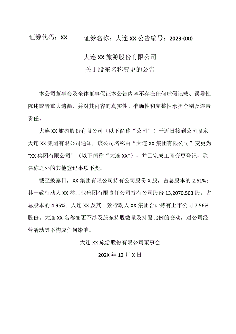 大连XX旅游股份有限公司关于股东名称变更的公告（2024年）.docx_第1页