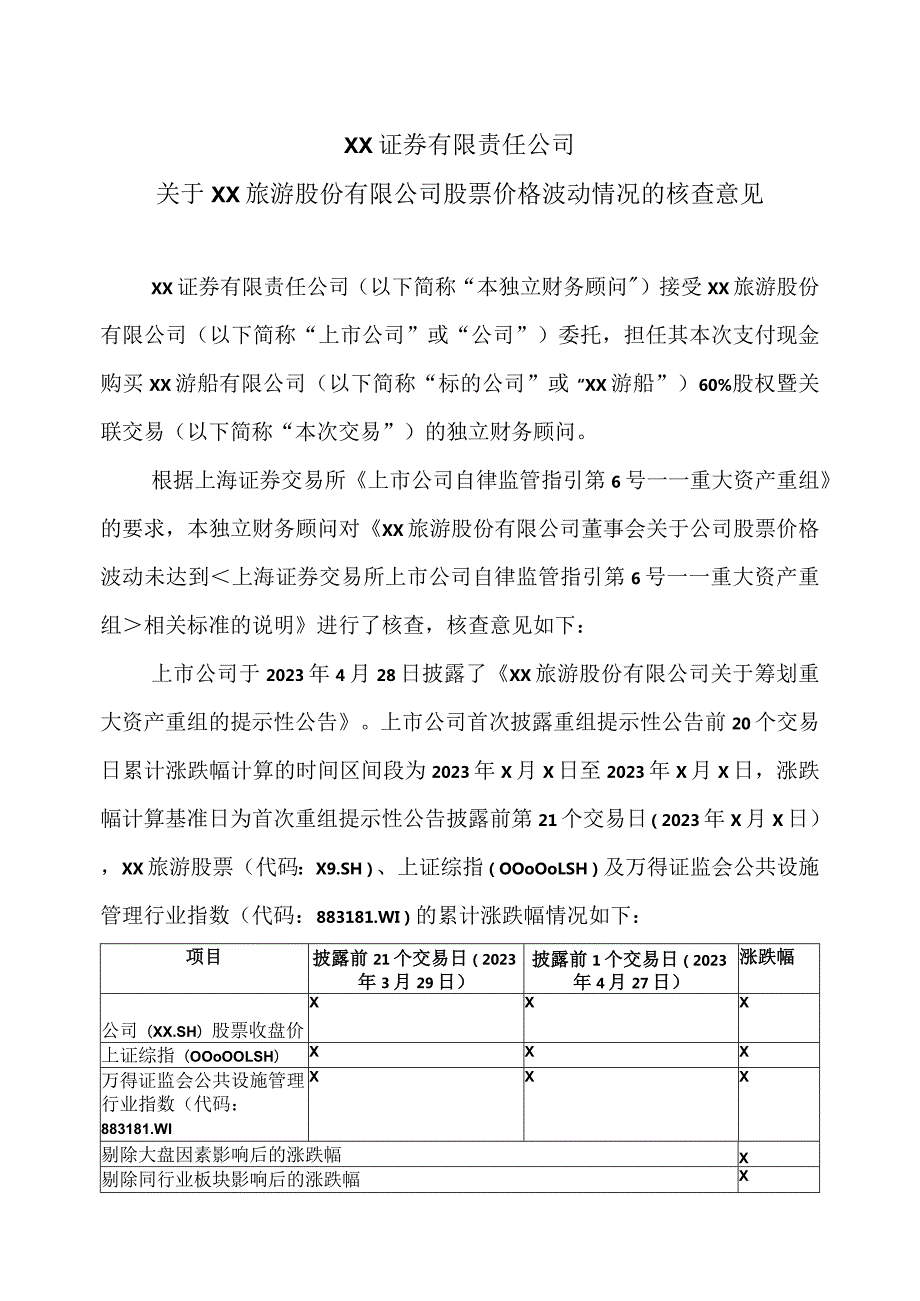 XX证券有限责任公司关于XX旅游股份有限公司股票价格波动情况的核查意见（2024年）.docx_第1页