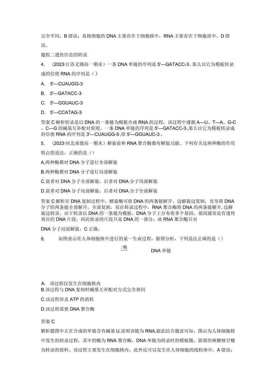 2023-2024学年人教版必修二RNA的结构和功能、遗传信息的转录作业.docx_第3页