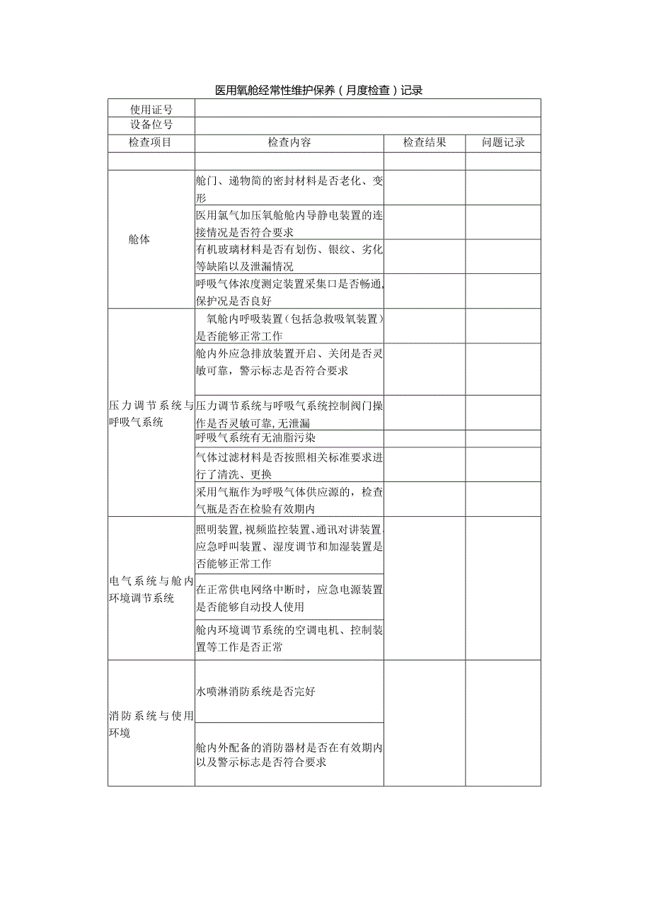 医用氧舱经常性维护保养（月度检查）记录.docx_第1页