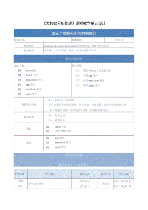 《大数据分析处理》教案-单元设计单元7-数据分组与数据聚合.docx