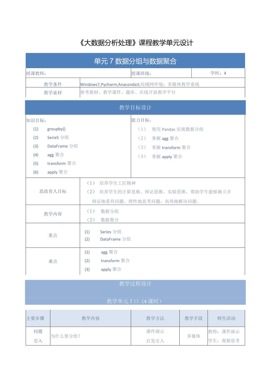 《大数据分析处理》教案-单元设计单元7-数据分组与数据聚合.docx_第1页