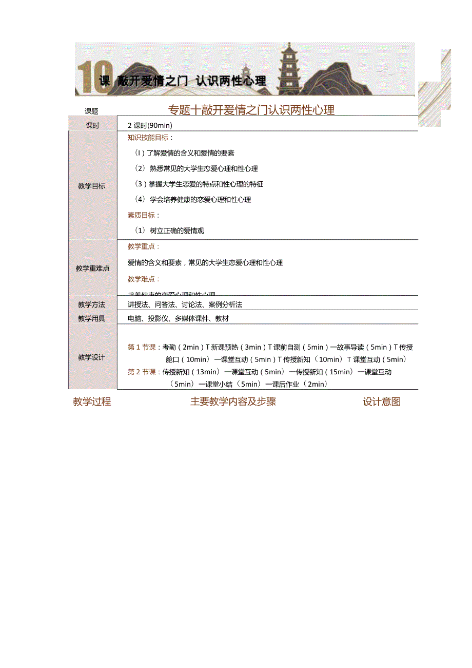 《大学生心理健康教育》教案第10课敲开爱情之门认识两性心理.docx_第1页