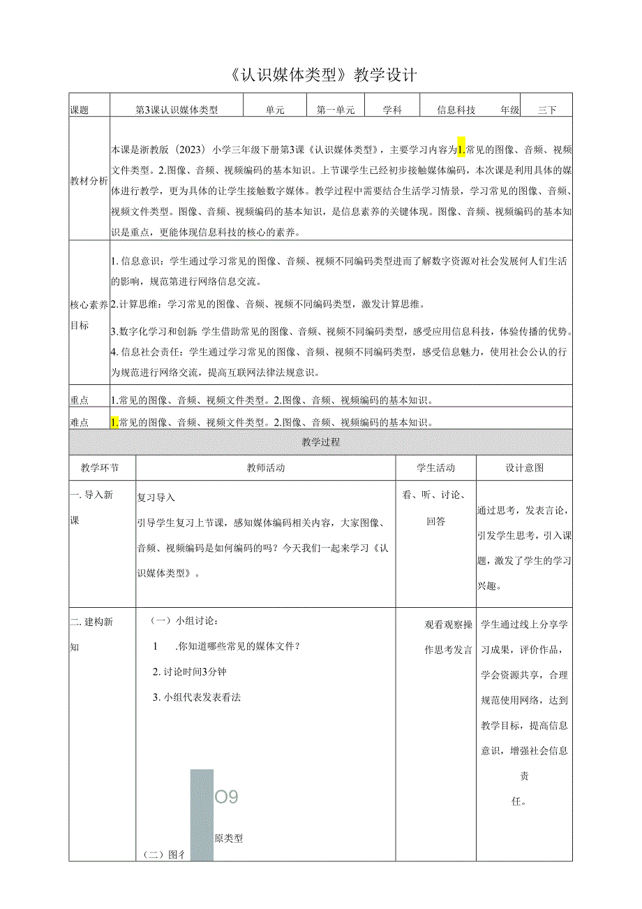 浙教版（2023）信息科技三下第3课《认识媒体类型》教学设计.docx_第1页