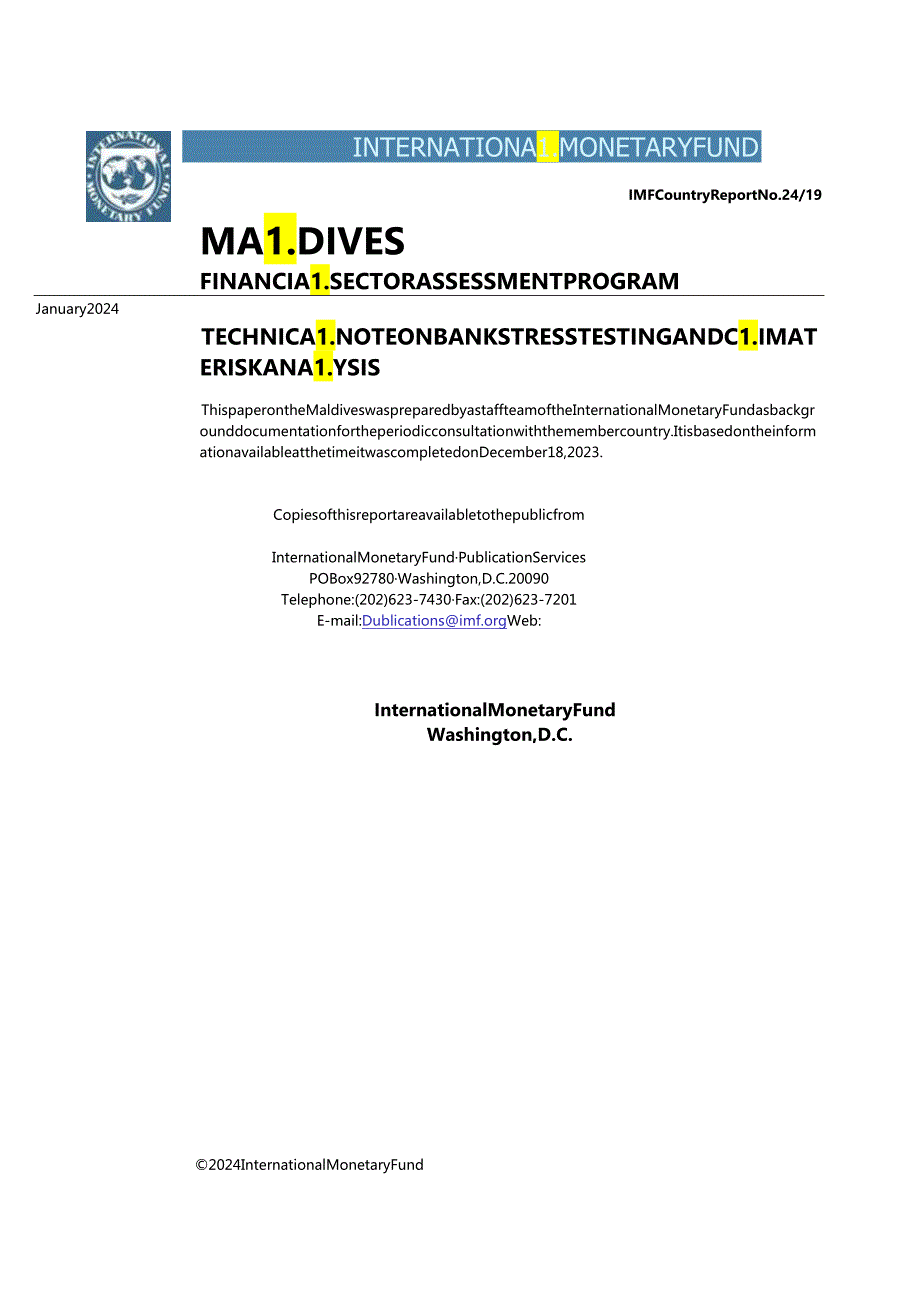 IMF-马尔代夫：金融部门评估方案关于银行压力测试和气候风险分析的技术说明（英）-2024.1.docx_第1页
