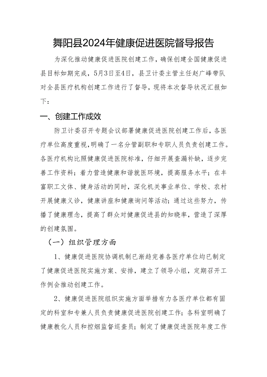 舞阳县2024年健康促进医院督导报告(拟定稿).docx_第1页