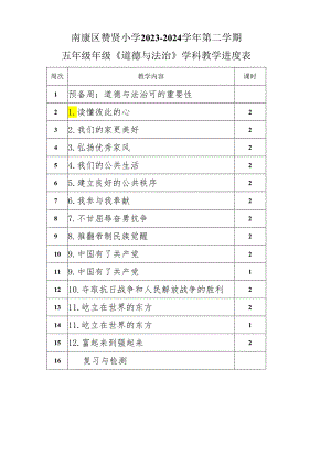 人教版五年级道德与法治下册教学进度表.docx