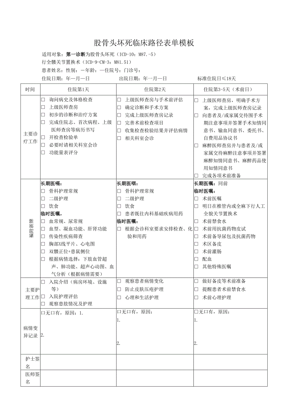 股骨头坏死临床路径表单模板.docx_第1页