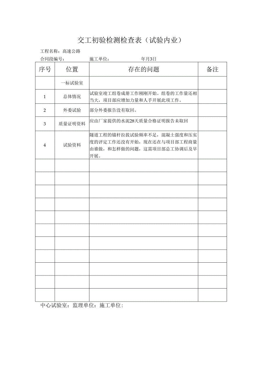 高速公路工程项目交工初验检测检查表（试验内业）.docx_第1页