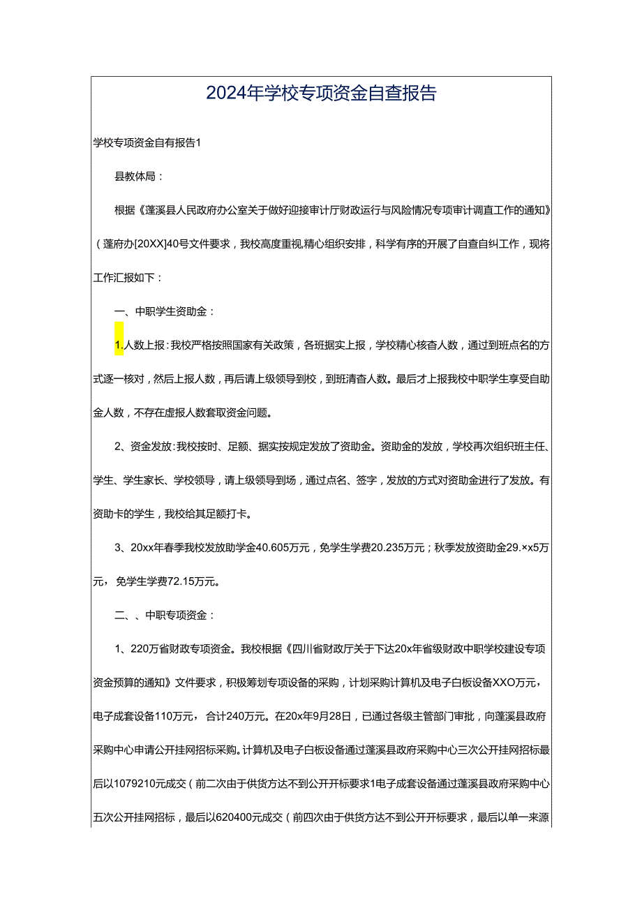 2024年学校专项资金自查报告.docx_第1页