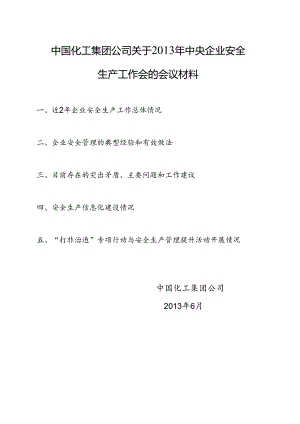 中国化工集团公司关于2013年中央企业安全生产工 作会会议材料（国资委）20130604.docx