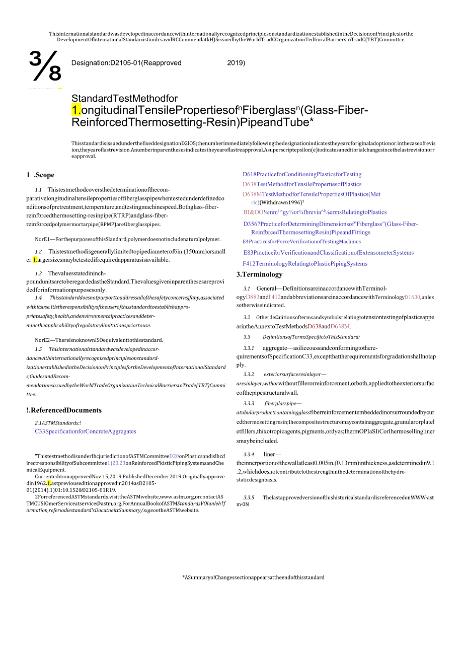 ASTM D2105-01-2019 玻璃纤维增强热固性树脂管纵向拉伸性能的标准试验方法.docx_第1页