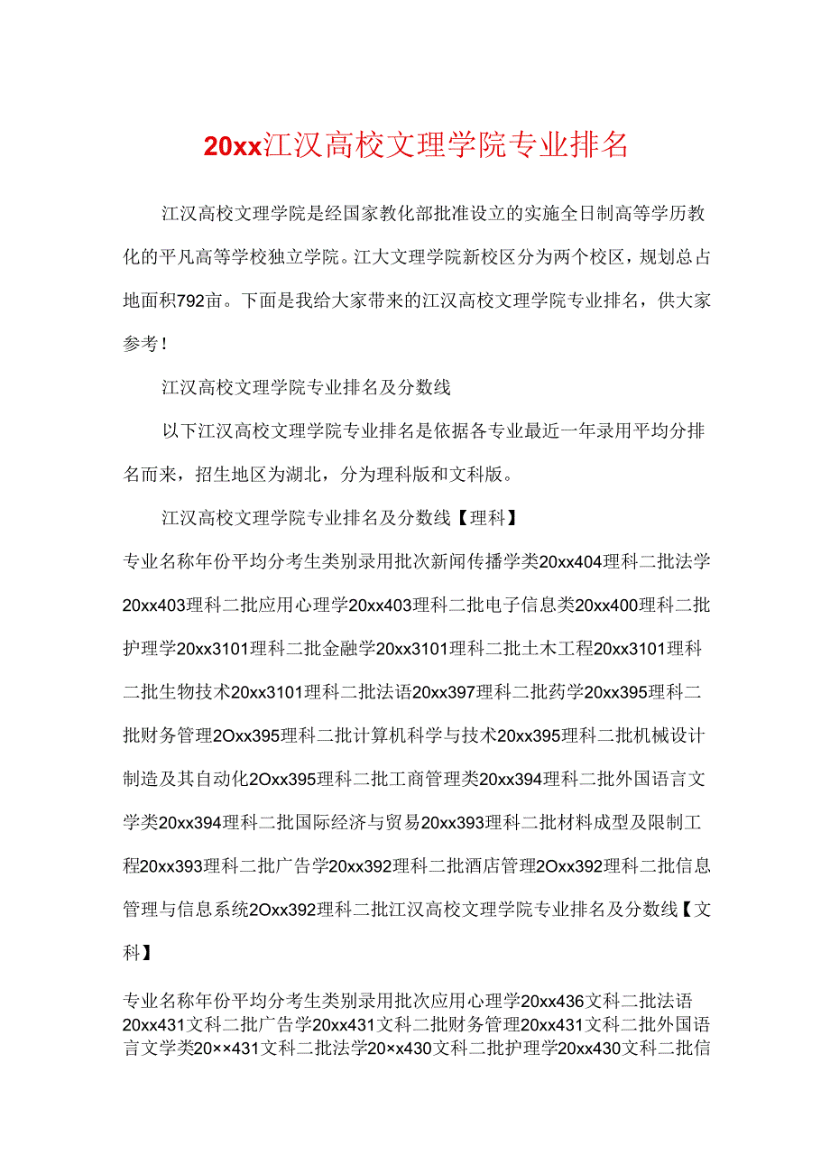 20xx江汉大学文理学院专业排名.docx_第1页