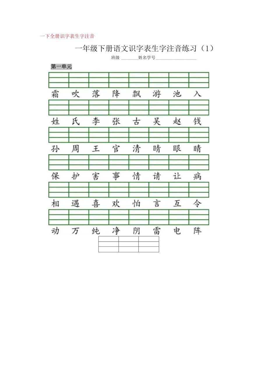 统编版一（下）全册识字表生字注音+二类字注音+看拼音写词语练习 - 水印.docx_第1页