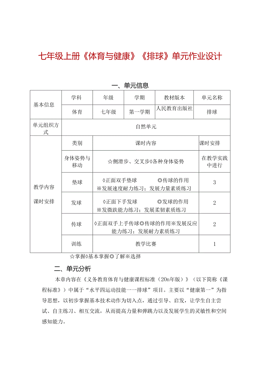 七年级上册《体育与健康》《排球》单元作业设计 (优质案例15页).docx_第1页