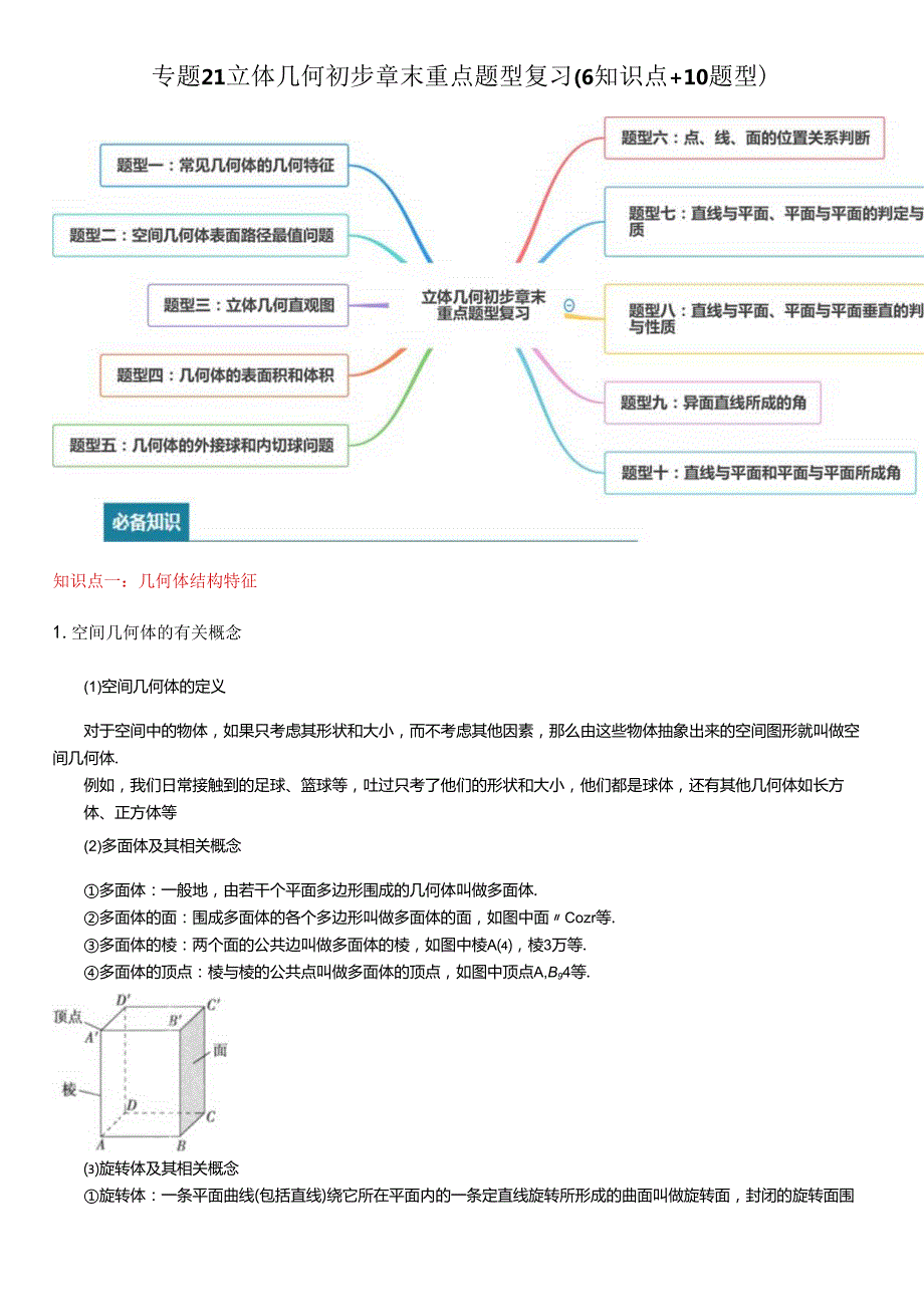 专题21立体几何初步章末重点题型复习（6知识点+10题型） (原卷版).docx_第1页