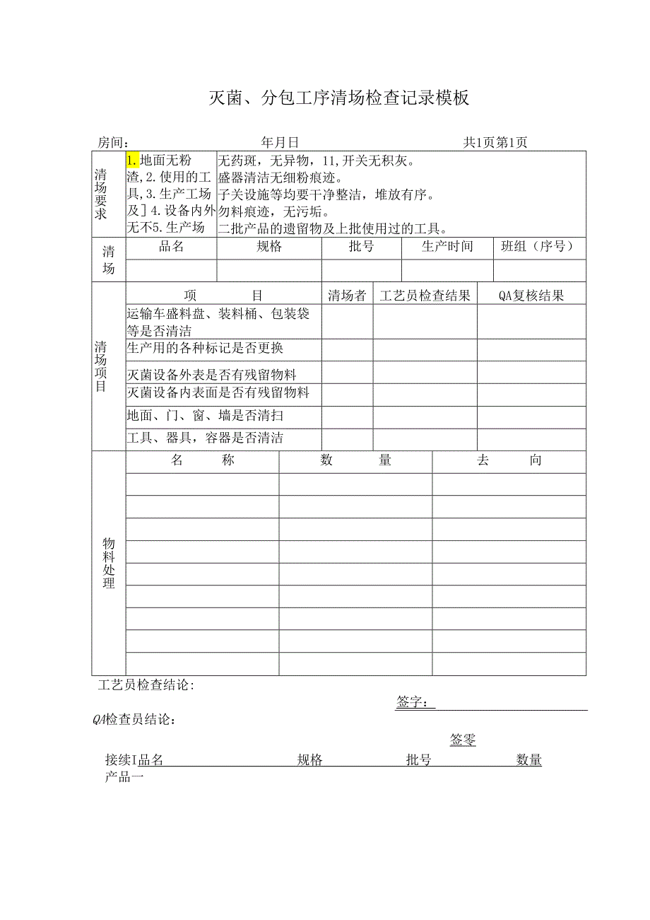 灭菌、分包工序清场检查记录模板.docx_第1页