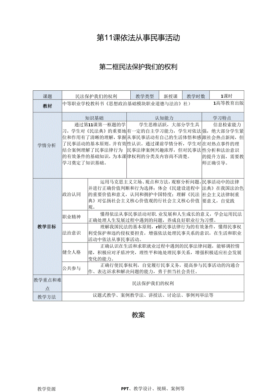 中职思政《职业道德与法治》第四单元第11课第二框教案《民法保护我们的权利》.docx_第1页