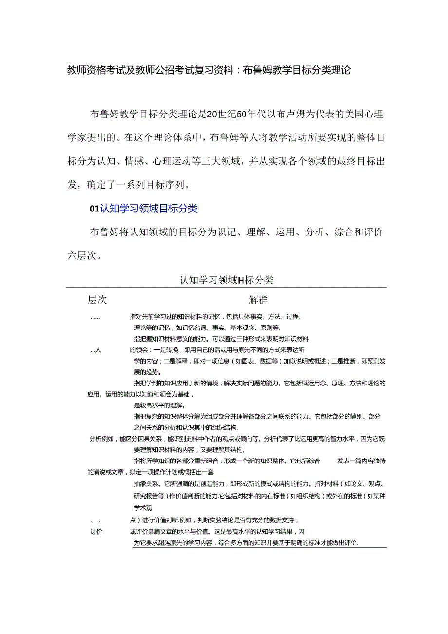 教师资格考试及教师公招考试复习资料：布鲁姆教学目标分类理论.docx_第1页