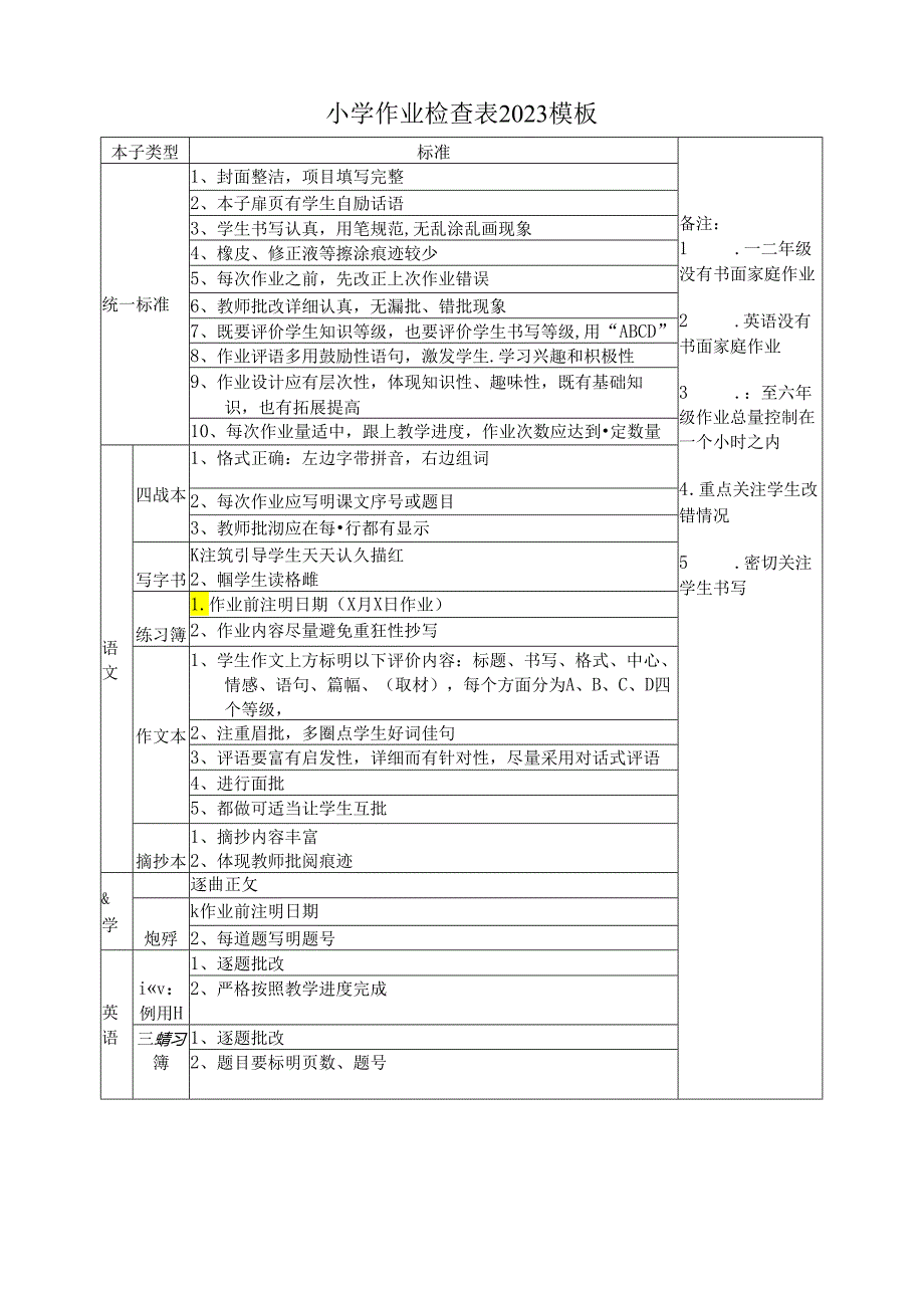 ____小学作业检查表2023模板.docx_第1页