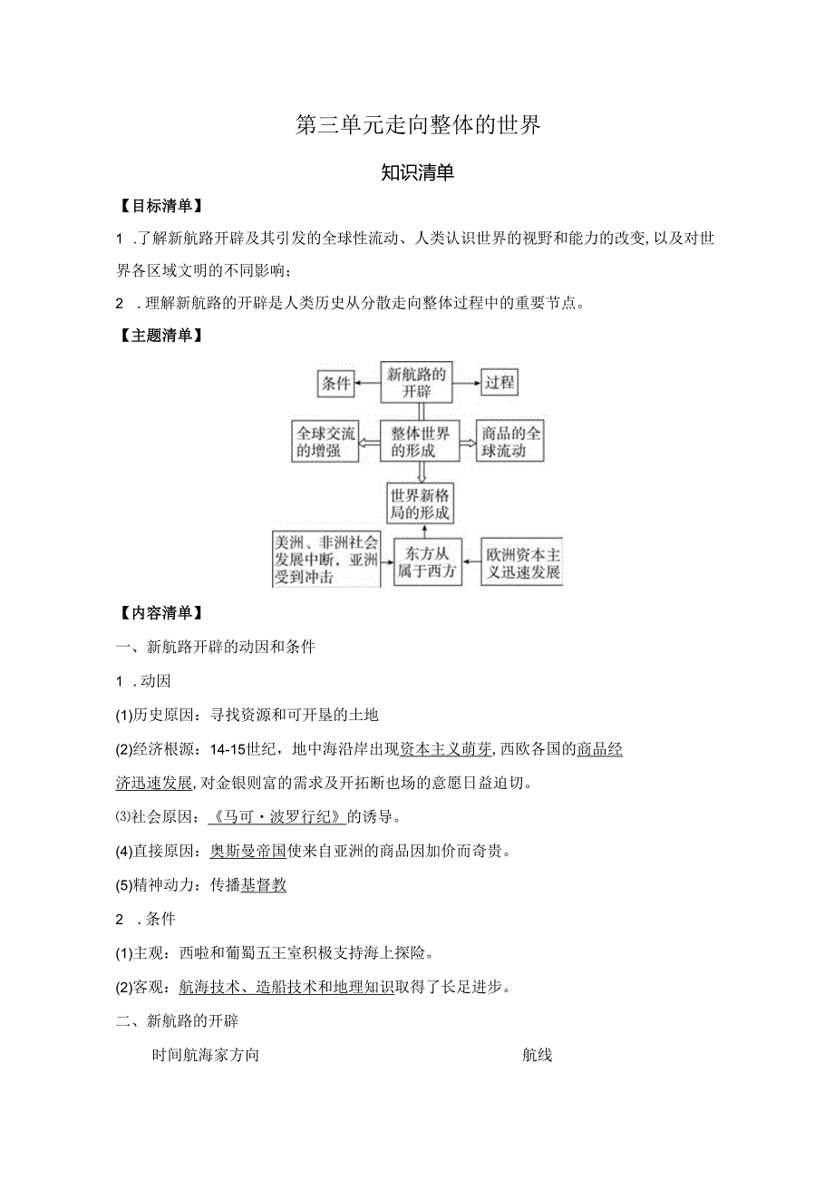 第三单元 走向整体的世界 知识清单.docx_第1页