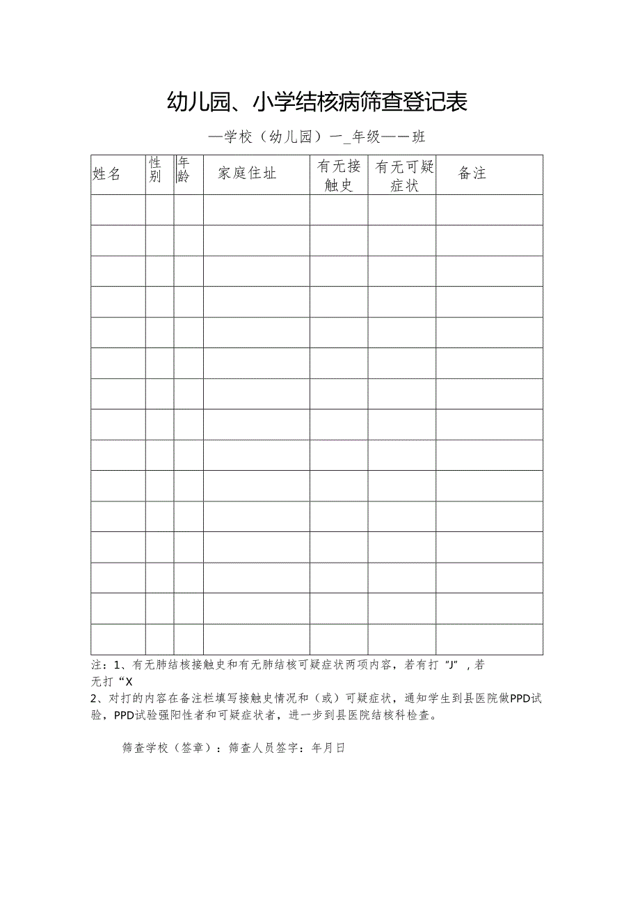 幼儿园、小学结核病筛查登记表.docx_第1页