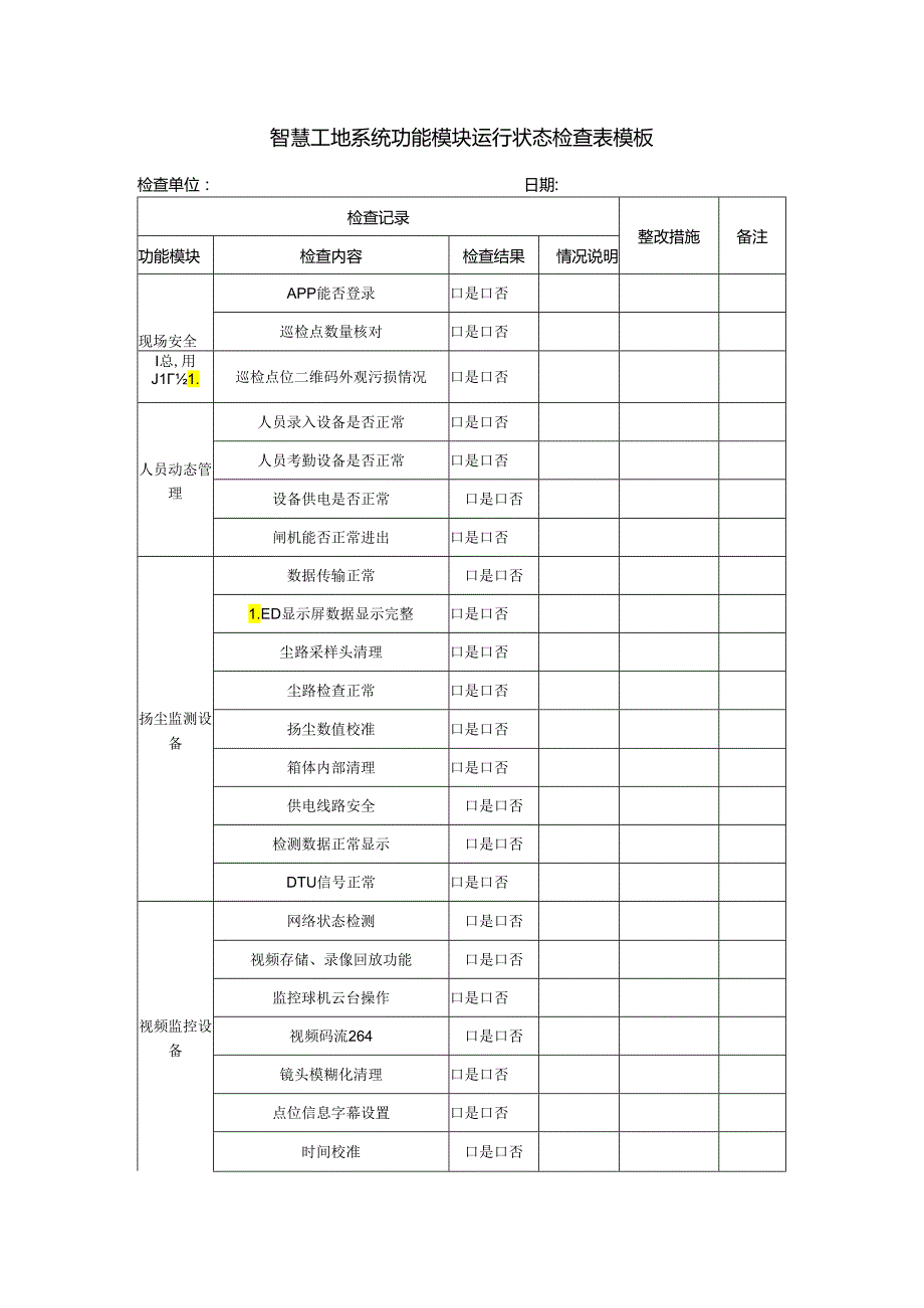 智慧工地系统功能模块运行状态检查表模板.docx_第1页