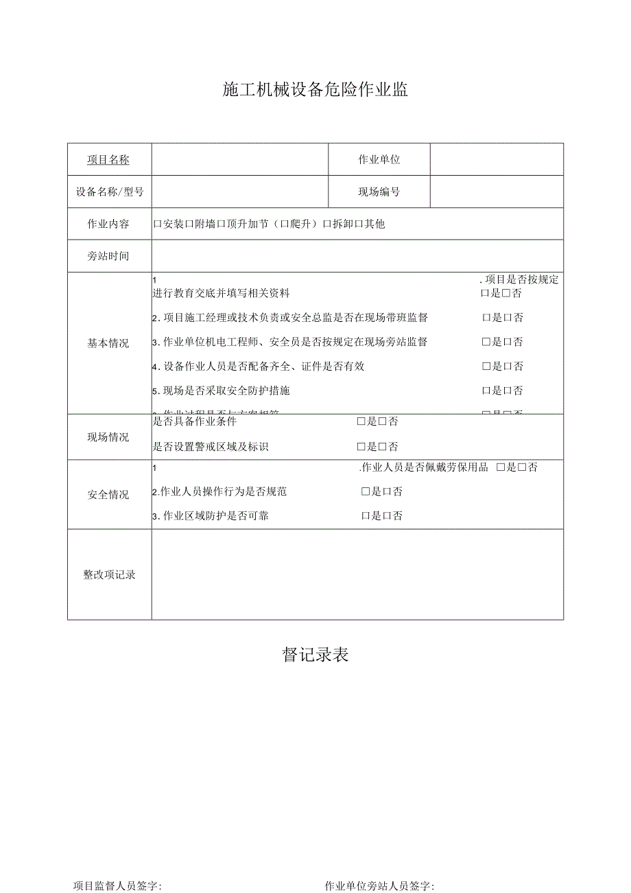 施工机械设备危险作业监督记录表.docx_第1页