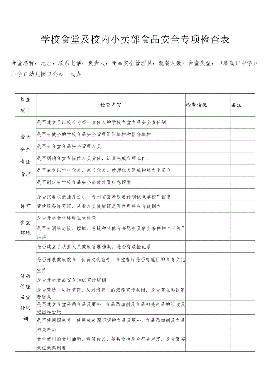 学校食堂及校内小卖部食品安全专项检查表.docx_第1页