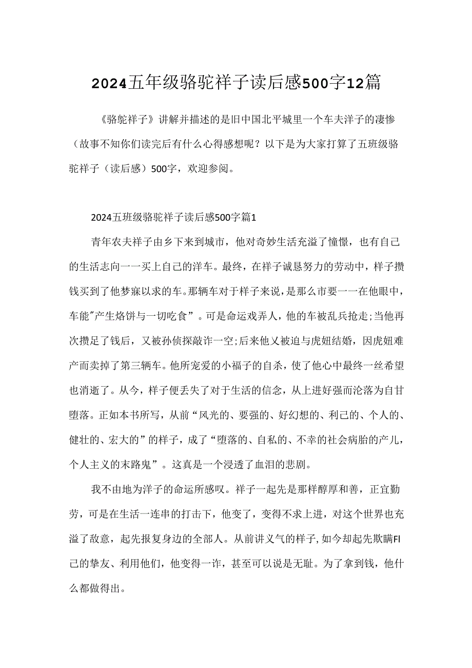 2024五年级骆驼祥子读后感500字12篇.docx_第1页