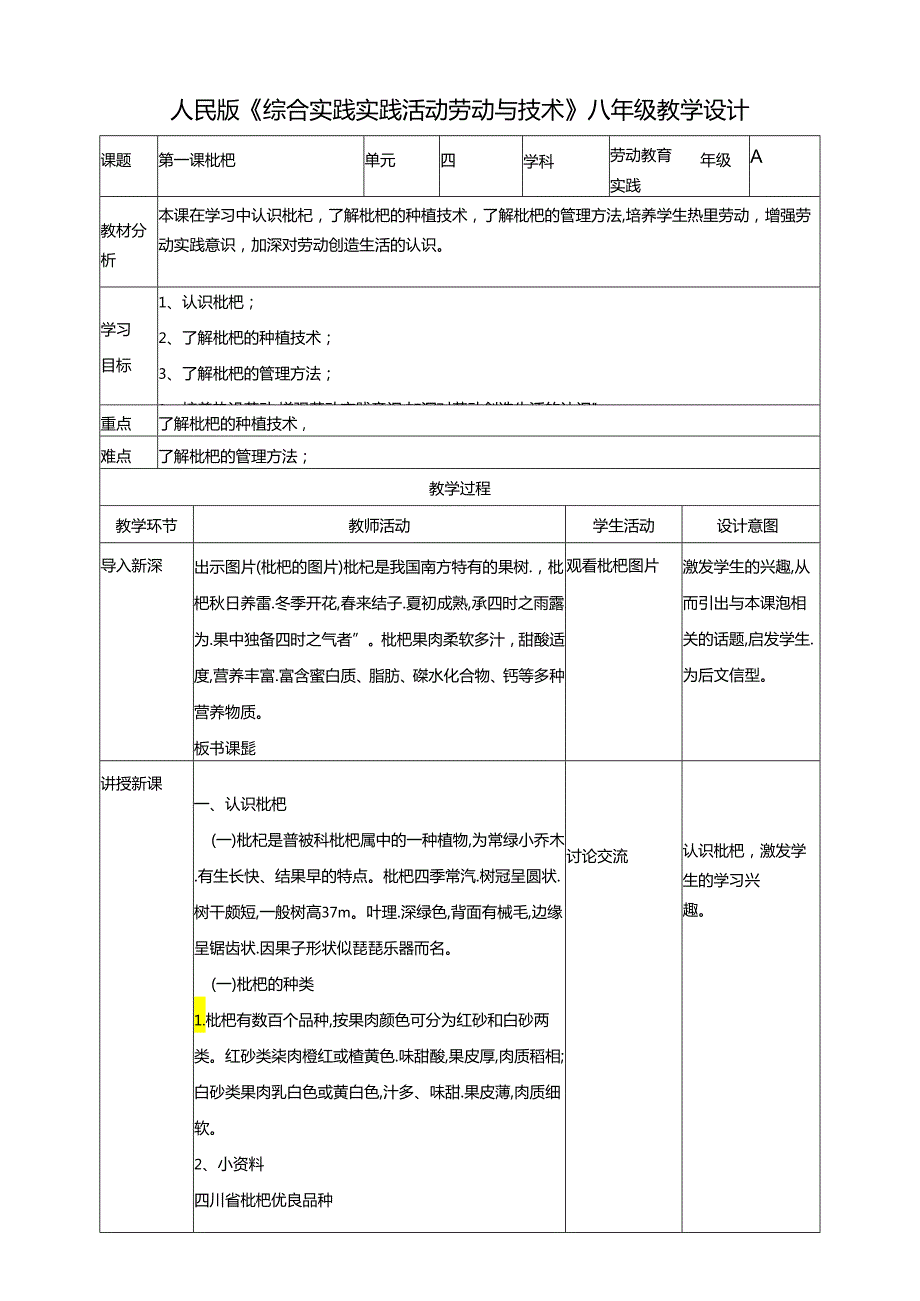 人民版综合实践活动劳动与技术八上 4.1《枇杷》教案.docx_第1页