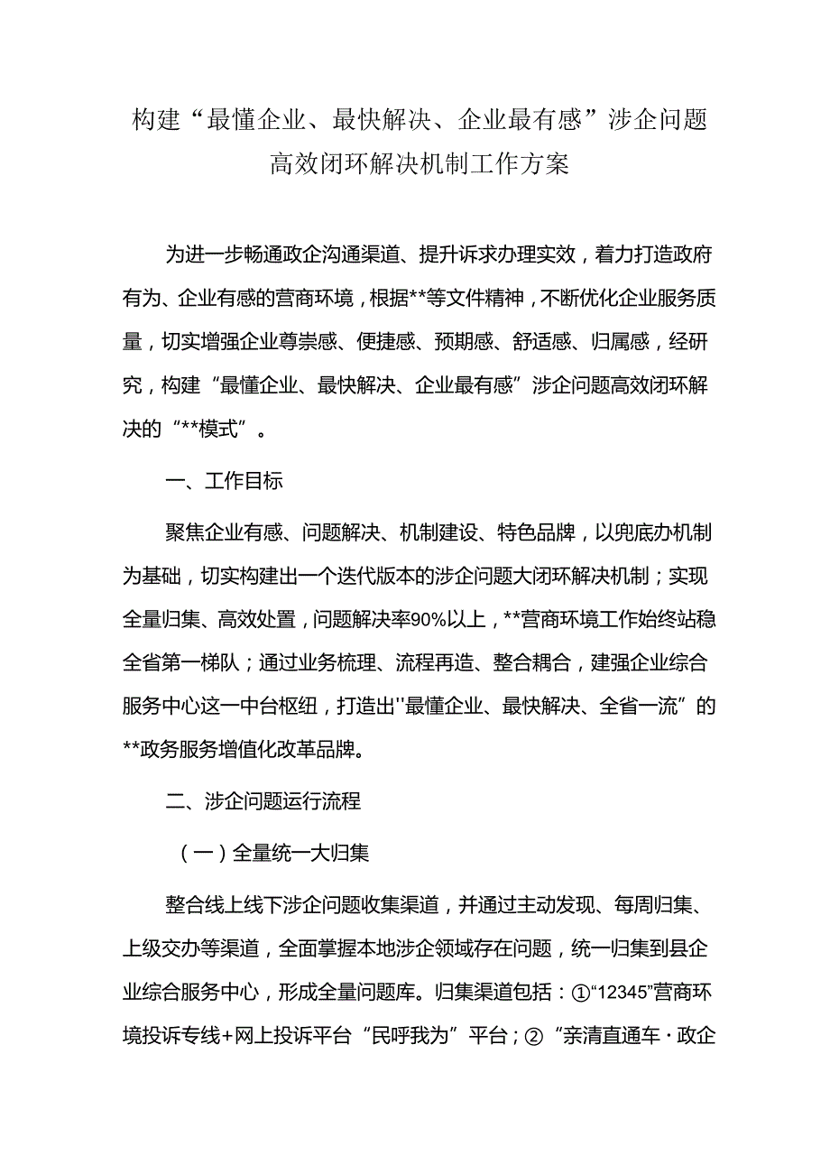 构建“最懂企业、最快解决、企业最有感”涉企问题高效闭环解决机制工作方案.docx_第1页